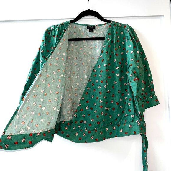 Floral Linen Blend Wrap Tie Front Top - Sz M - Picture 6 of 9